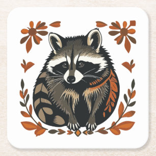 Whimsical Racoon Woodland Animal Folk or Tribal A Square Paper Coaster