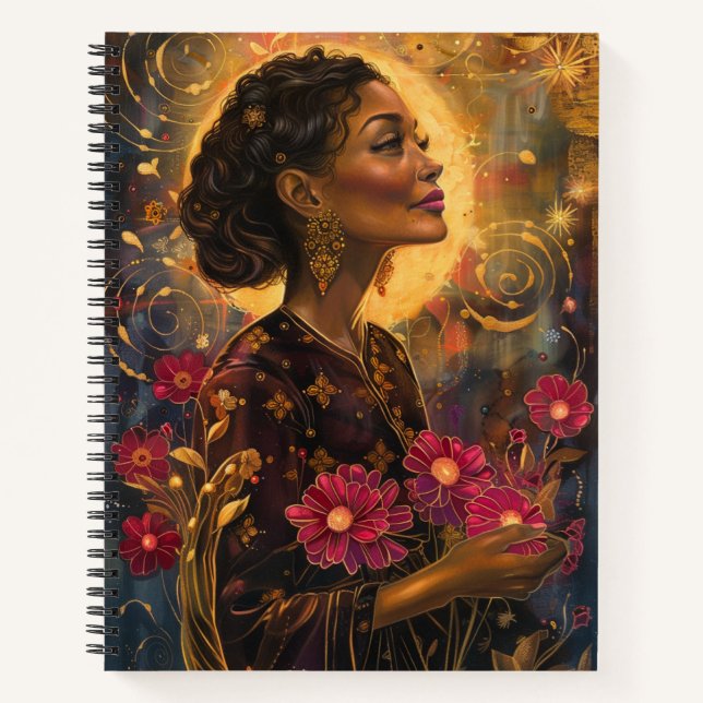 Whimsical Radiant Woman with Pink Flowers Notebook (Front)