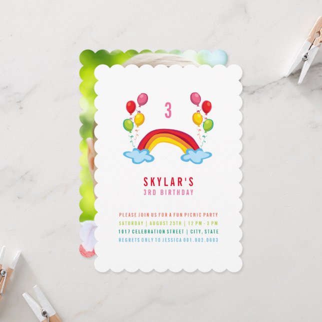 Whimsical Rainbow And Balloons Girl Birthday Party Invitation (Front/Back In Situ)
