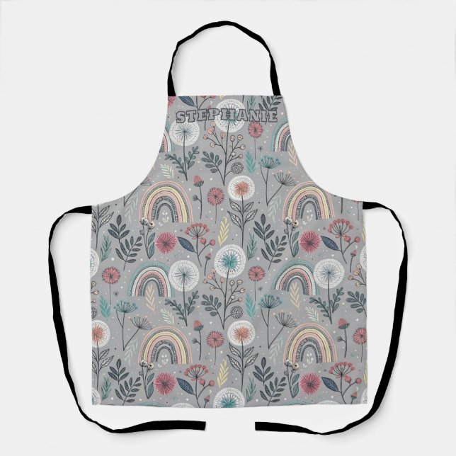 Whimsical Rainbow and Botanical Apron (Front)