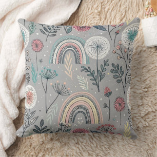 Whimsical Rainbow and Botanical Cushion