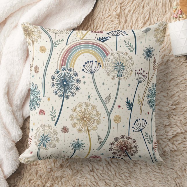 Whimsical Rainbow and Botanical Dandelions (2) Cushion (Blanket)