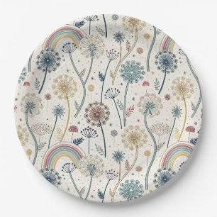 Whimsical Rainbow and Botanical Dandelions (2) Paper Plate