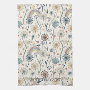 Whimsical Rainbow and Botanical Dandelions (2) Tea Towel