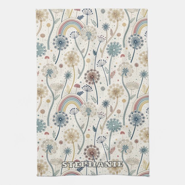 Whimsical Rainbow and Botanical Dandelions (2) Tea Towel (Vertical)