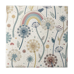 Whimsical Rainbow and Botanical Dandelions (2) Tile