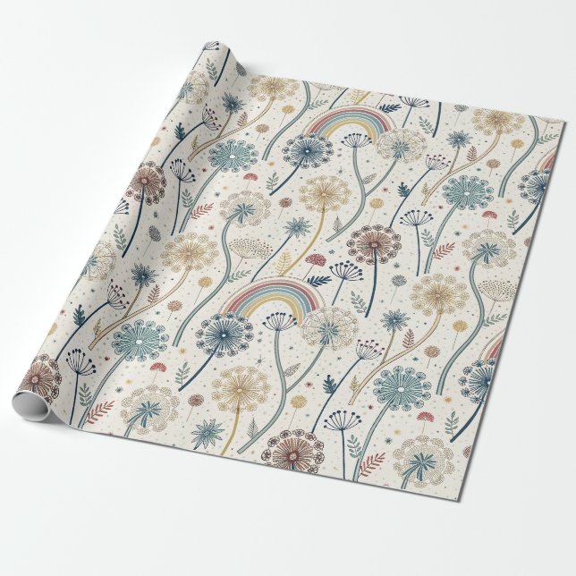 Whimsical Rainbow and Botanical Dandelions (2) Wrapping Paper (Unrolled)
