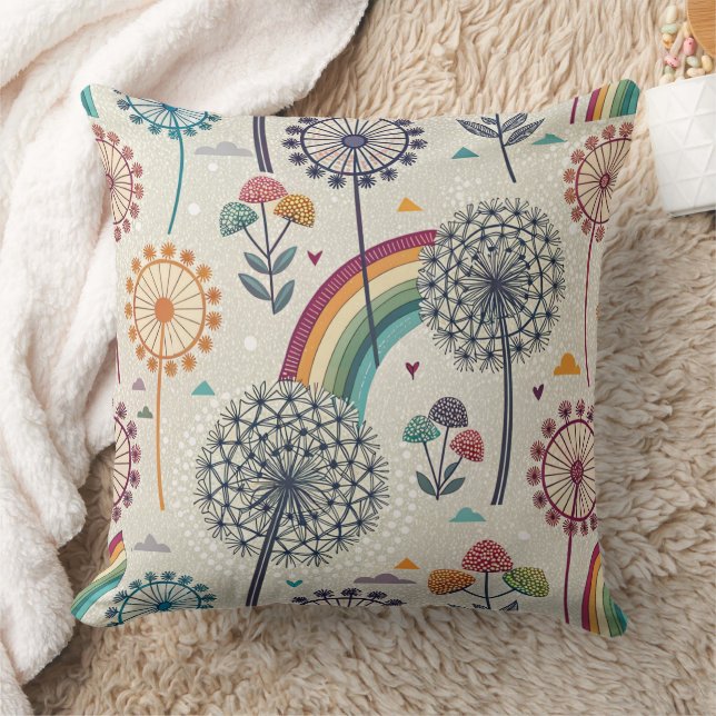 Whimsical Rainbow and Botanical Dandelions Cushion (Blanket)