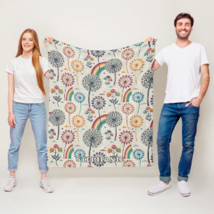 Whimsical Rainbow and Botanical Dandelions Fleece Blanket