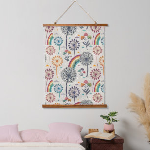 Whimsical Rainbow and Botanical Dandelions Hanging Tapestry