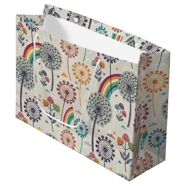 Whimsical Rainbow and Botanical Dandelions Large Gift Bag (Front Angled)
