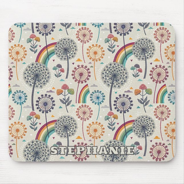 Whimsical Rainbow and Botanical Dandelions Mouse Mat (Front)