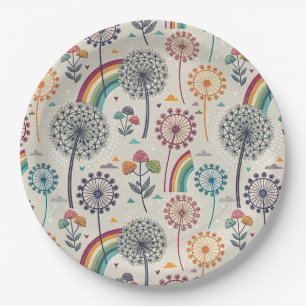 Whimsical Rainbow and Botanical Dandelions Paper Plate