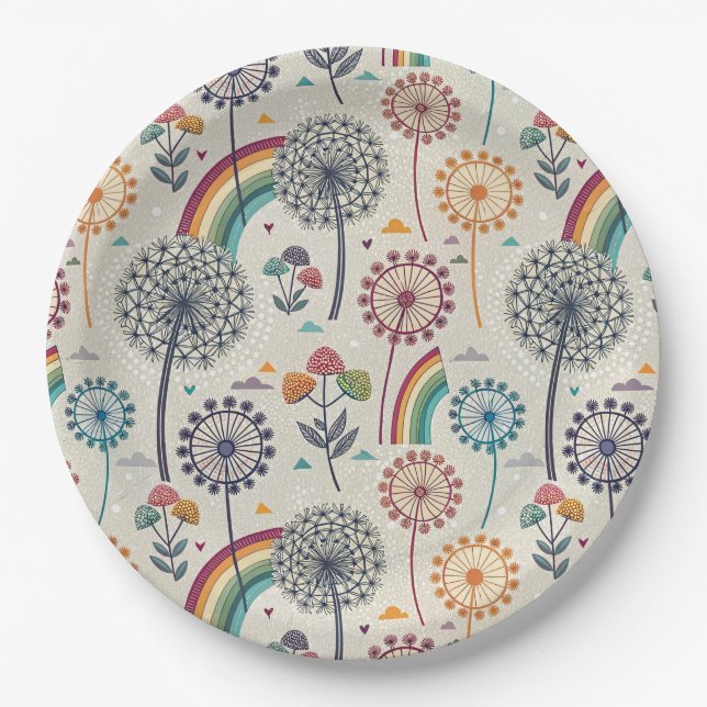 Whimsical Rainbow and Botanical Dandelions Paper Plate (Front)