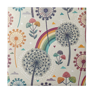 Whimsical Rainbow and Botanical Dandelions Tile