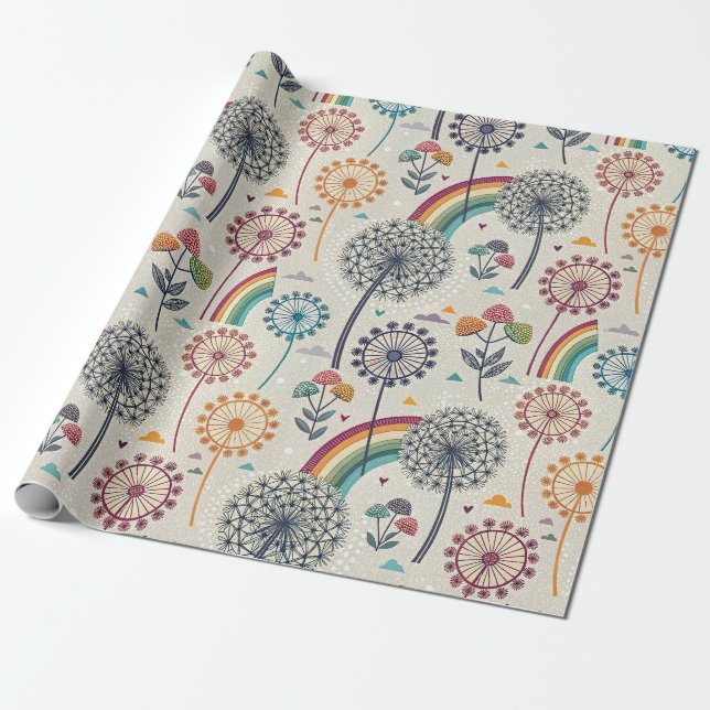 Whimsical Rainbow and Botanical Dandelions Wrapping Paper (Unrolled)