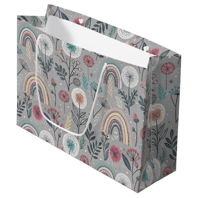 Whimsical Rainbow and Botanical Large Gift Bag (Front Angled)
