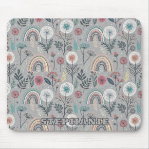 Whimsical Rainbow and Botanical Mouse Mat