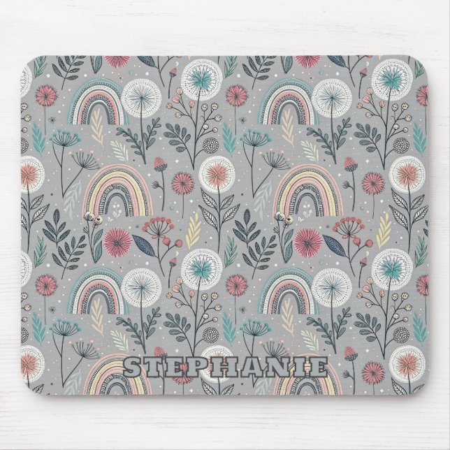 Whimsical Rainbow and Botanical Mouse Mat (Front)