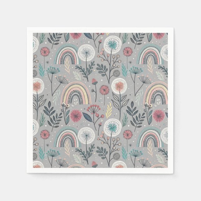 Whimsical Rainbow and Botanical Napkin (Front)