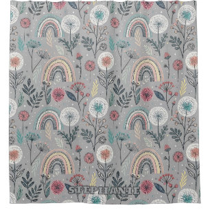 Whimsical Rainbow and Botanical Shower Curtain
