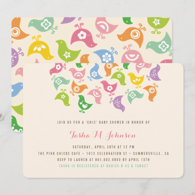 Whimsical Rainbow Chicks Modern Chic Baby Shower Invitation (Front/Back)