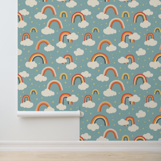 Whimsical Rainbow Clouds Pattern | Modern Nursery  Wallpaper (Application)