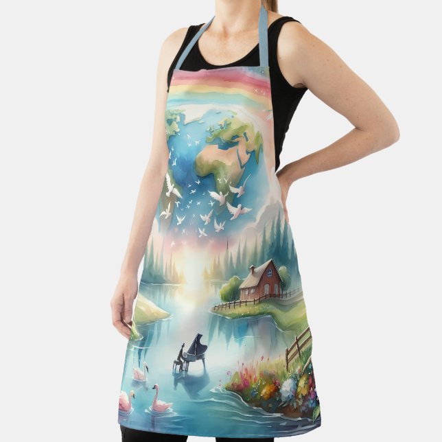 Whimsical Rainbow Earth Fantasy Scene Apron (Insitu)