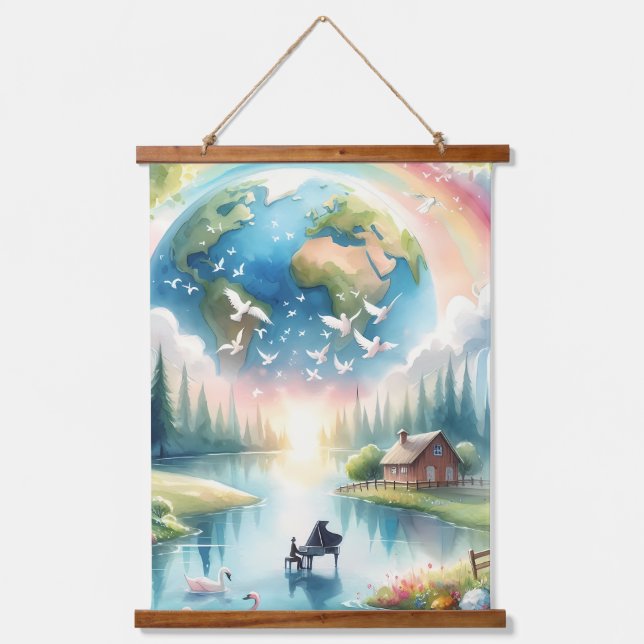 Whimsical Rainbow Earth Fantasy Scene Hanging Tapestry (Front)