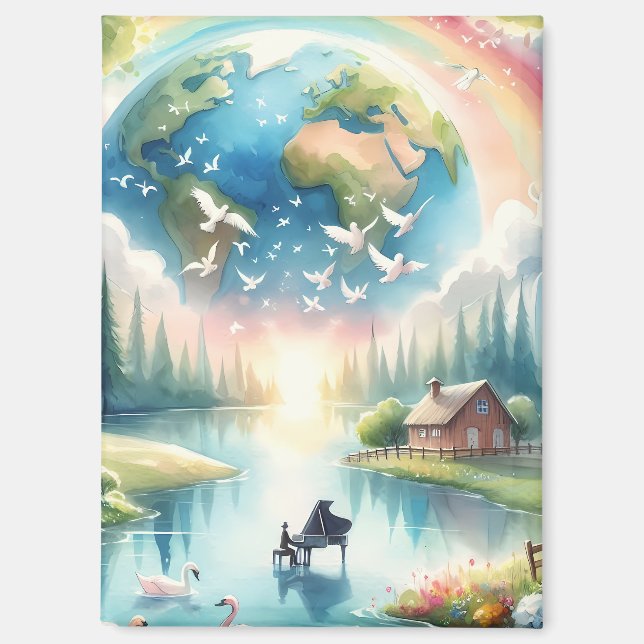 Whimsical Rainbow Earth Fantasy Scene Magnet (Front)