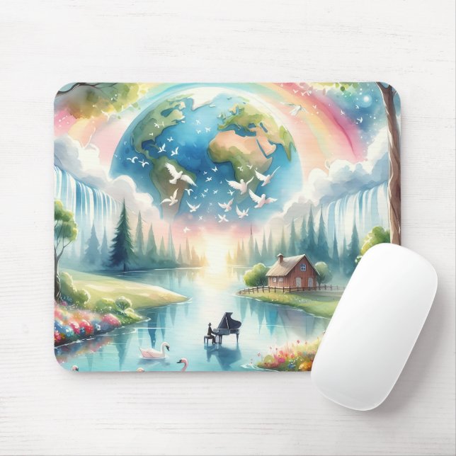 Whimsical Rainbow Earth Fantasy Scene Mouse Mat (With Mouse)