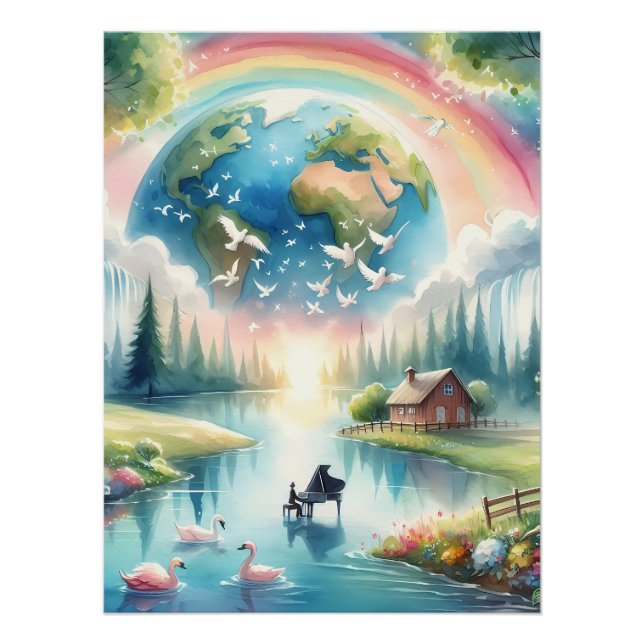 Whimsical Rainbow Earth Fantasy Scene Poster (Front)