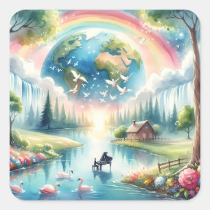 Whimsical Rainbow Earth Fantasy Scene Square Sticker
