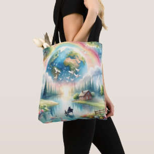 Whimsical Rainbow Earth Fantasy Scene Tote Bag