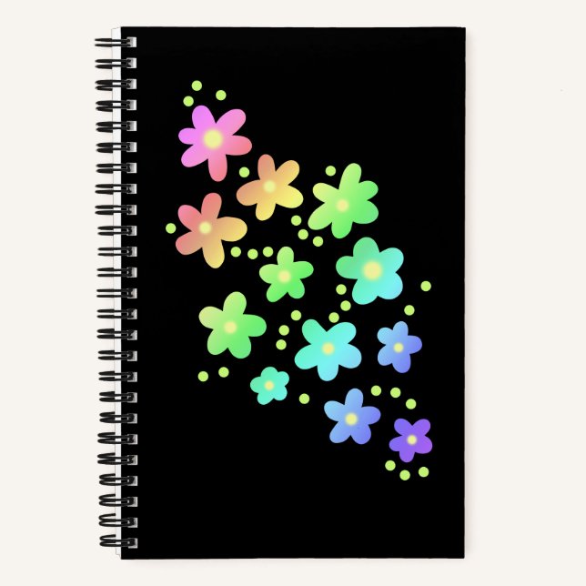 Whimsical Rainbow Flowers Black Notebook (Front)