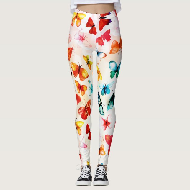 Whimsical Rainbow Forest Butterfly Watercolor  Leggings (Front)