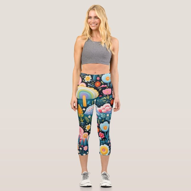 Whimsical Rainbow Garden Floral Fantasy Pattern Capri Leggings (Front)