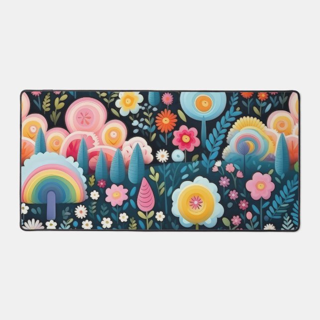 Whimsical Rainbow Garden Floral Fantasy Pattern Desk Mat (Front)