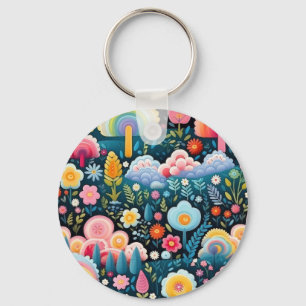 Whimsical Rainbow Garden Floral Fantasy Pattern Key Ring