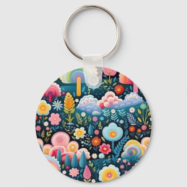 Whimsical Rainbow Garden Floral Fantasy Pattern Key Ring (Front)