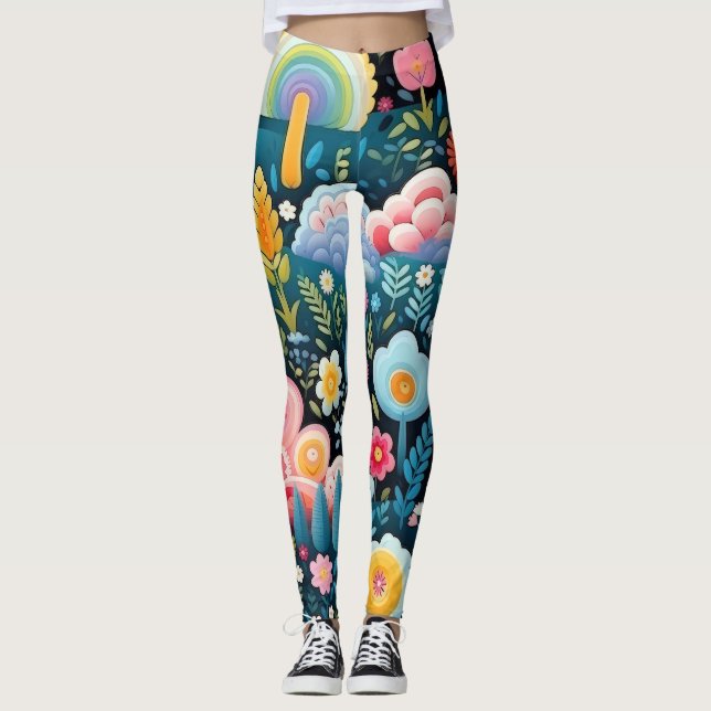 Whimsical Rainbow Garden Floral Fantasy Pattern Leggings (Front)