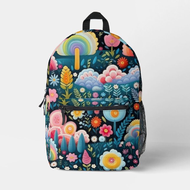 Whimsical Rainbow Garden Floral Fantasy Pattern Printed Backpack (Front)