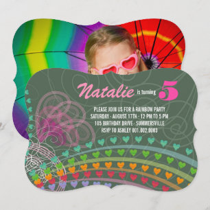 Whimsical Rainbow Heart Girl Birthday Photo Invite
