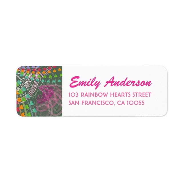 Whimsical Rainbow Hearts Pink Swirls Labels (Front)