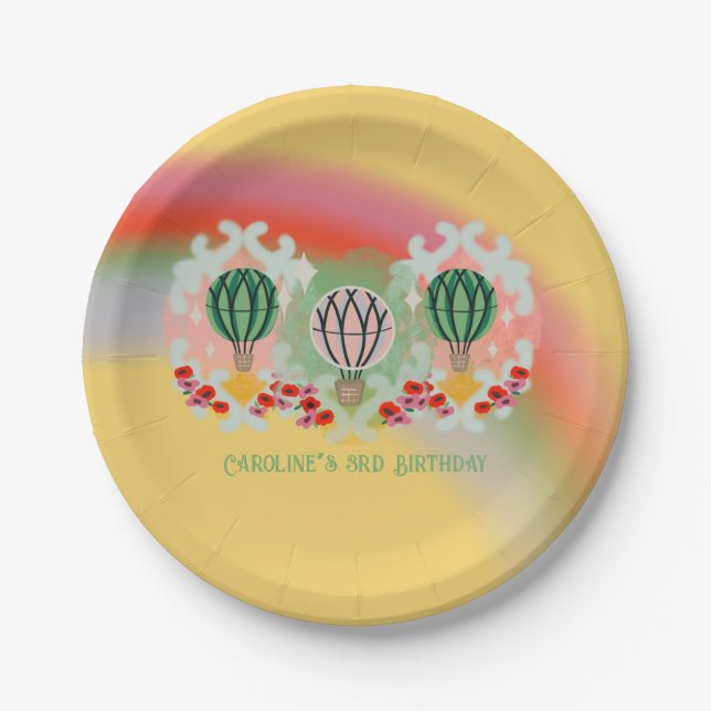 Whimsical Rainbow Hot Air Balloon Birthday Paper Plate (Front)