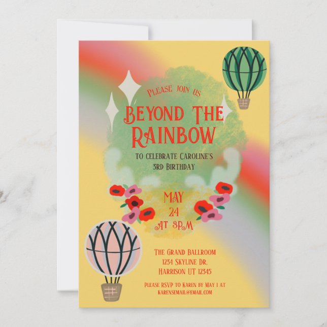Whimsical Rainbow Hot Air Balloon Kids Birthday Invitation (Front)