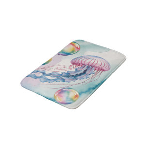 Whimsical Rainbow Jellyfish Watercolor Design Bath Mat