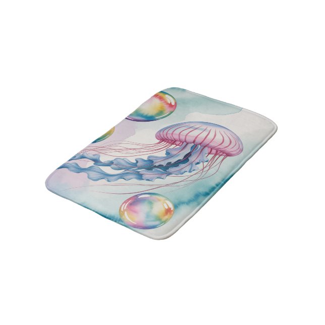 Whimsical Rainbow Jellyfish Watercolor Design Bath Mat (Angled)