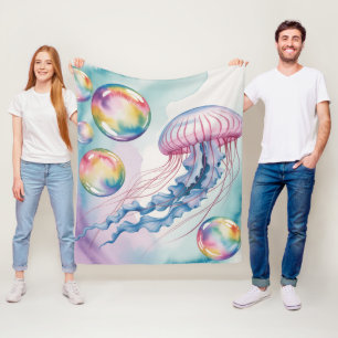 Whimsical Rainbow Jellyfish Watercolor Design Fleece Blanket
