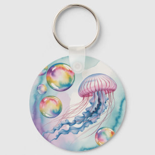 Whimsical Rainbow Jellyfish Watercolor Design Key Ring